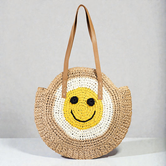 Woven bag with smiley face design on a gray background