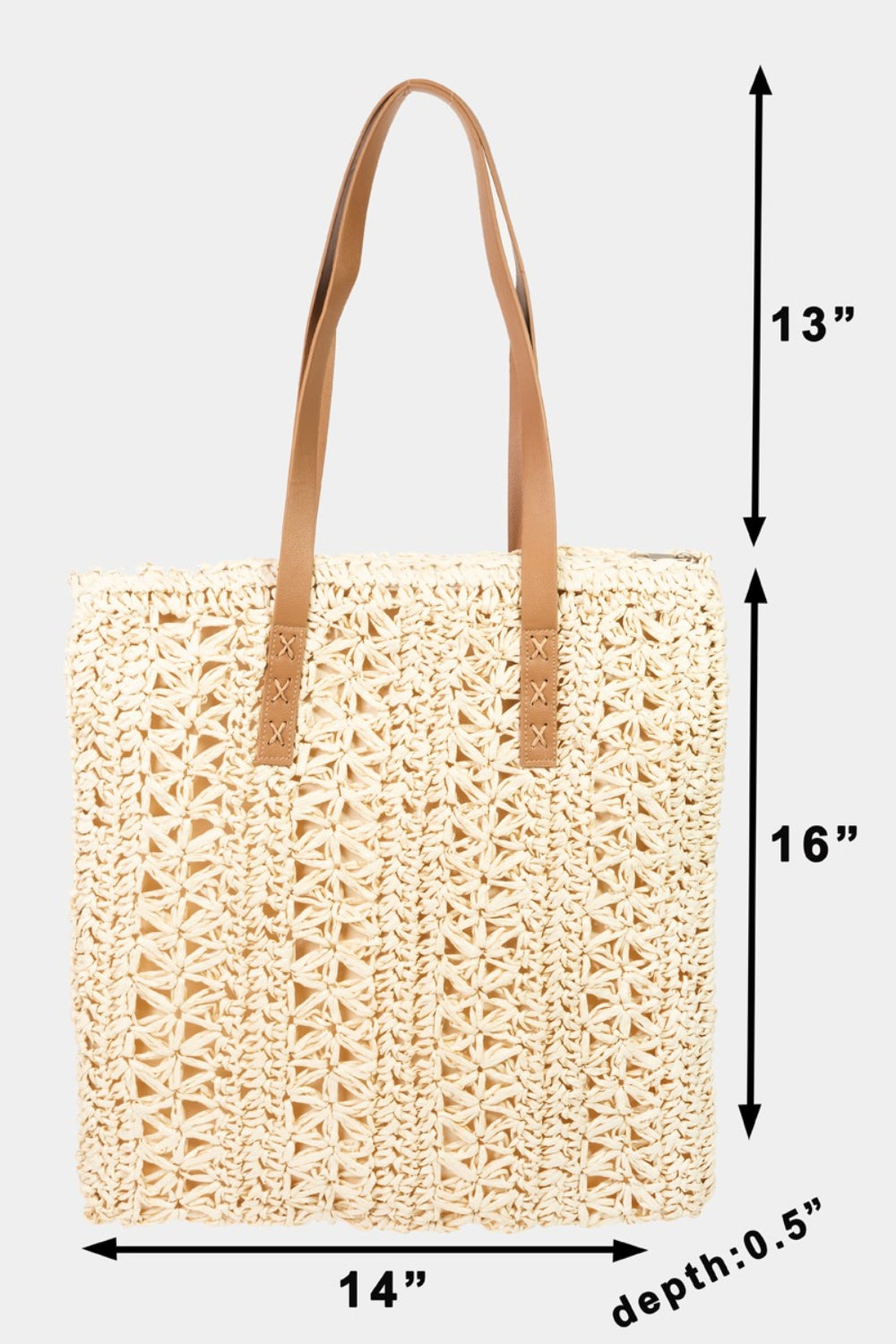Woven tote bag with dimensions labeled on a white background