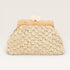 Beige woven clutch bag with wooden clasp on a light gray background