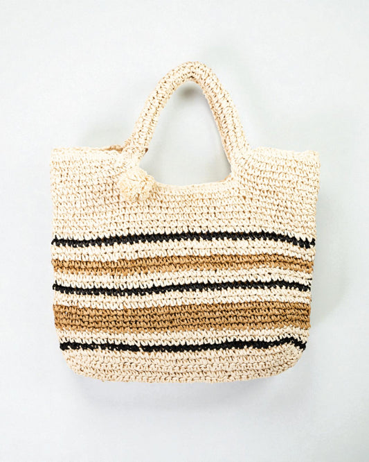 Woven tote bag with striped pattern on a light gray background