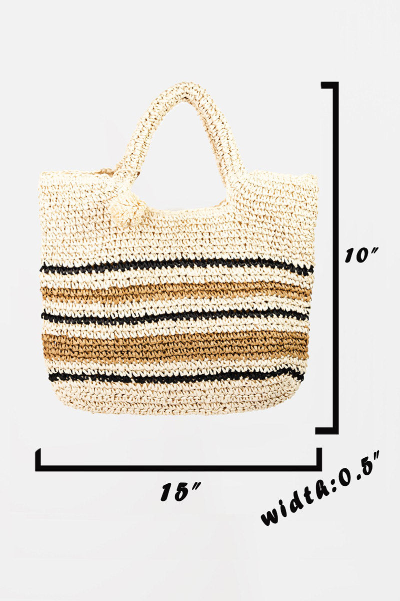 Woven tote bag with striped pattern and measurements on a white background