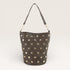 Gray handbag with gold studs on a light gray background