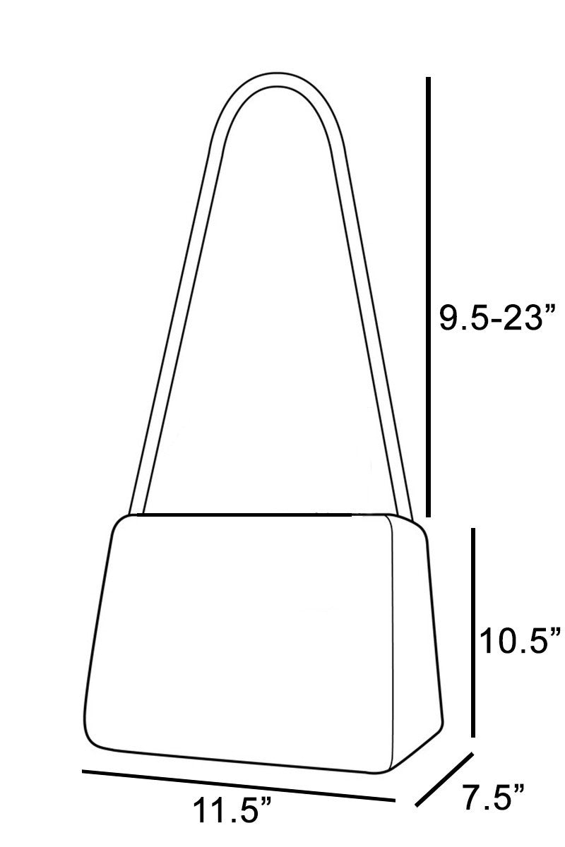 Line drawing of a handbag with dimensions labeled