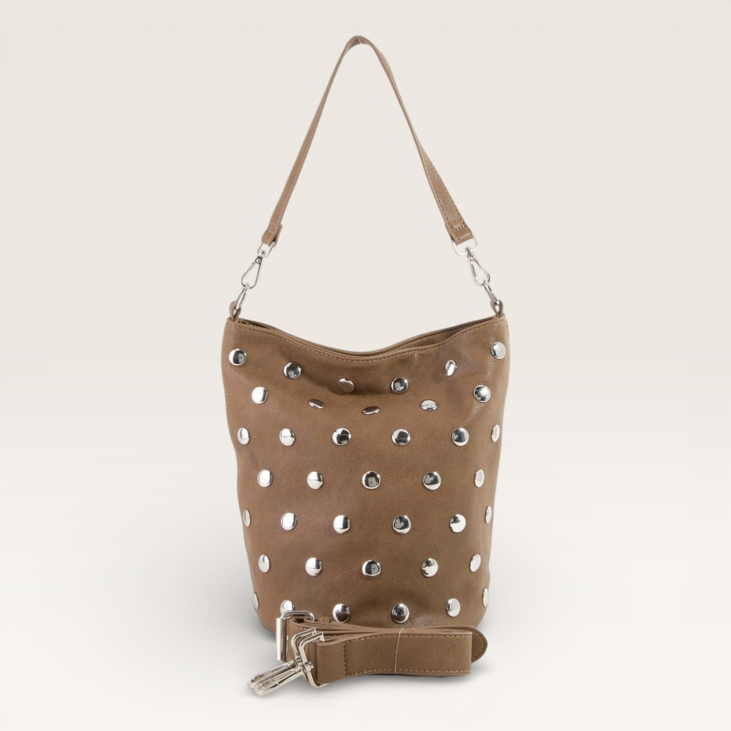 Brown handbag with silver studs on a white background