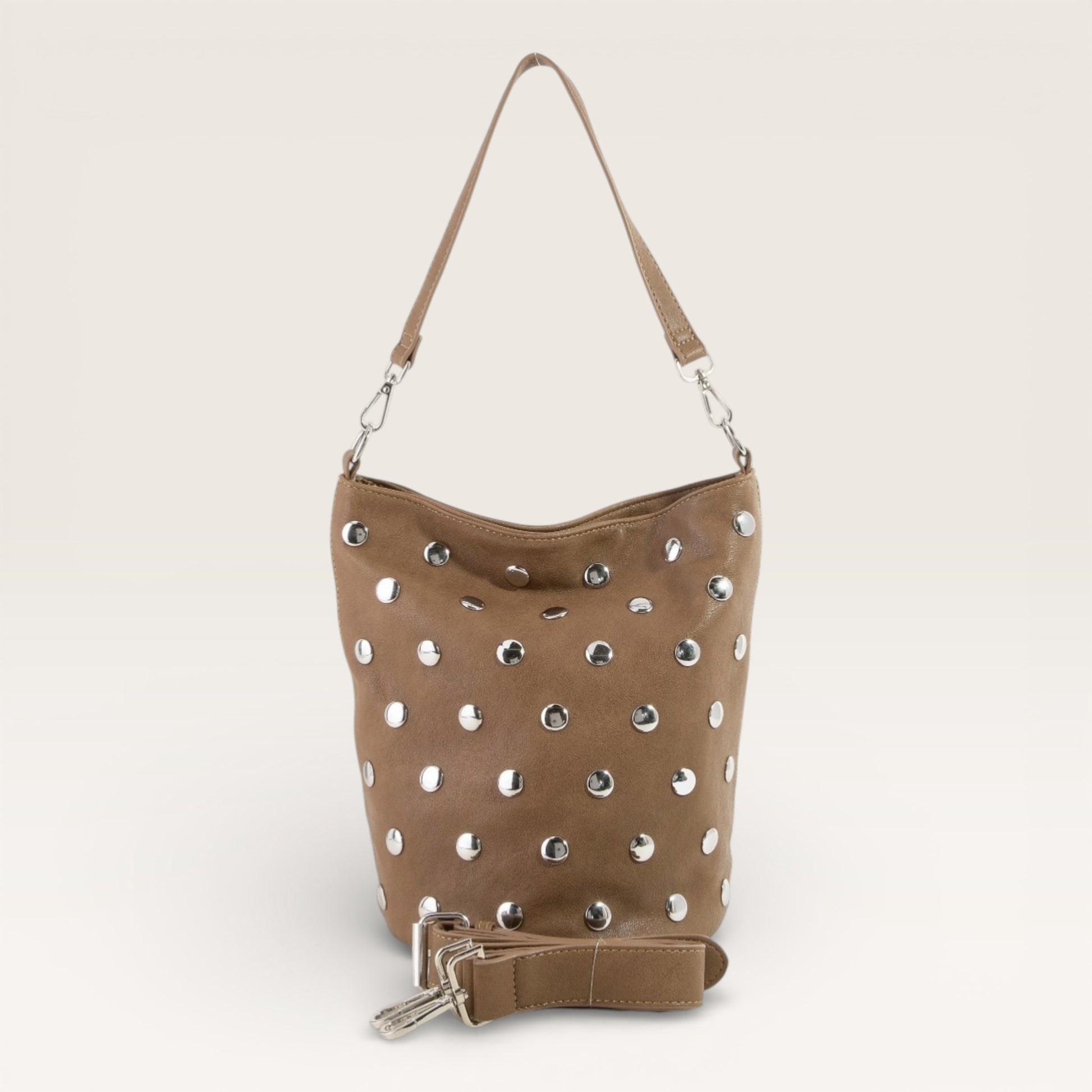 Brown handbag with silver studs on a white background