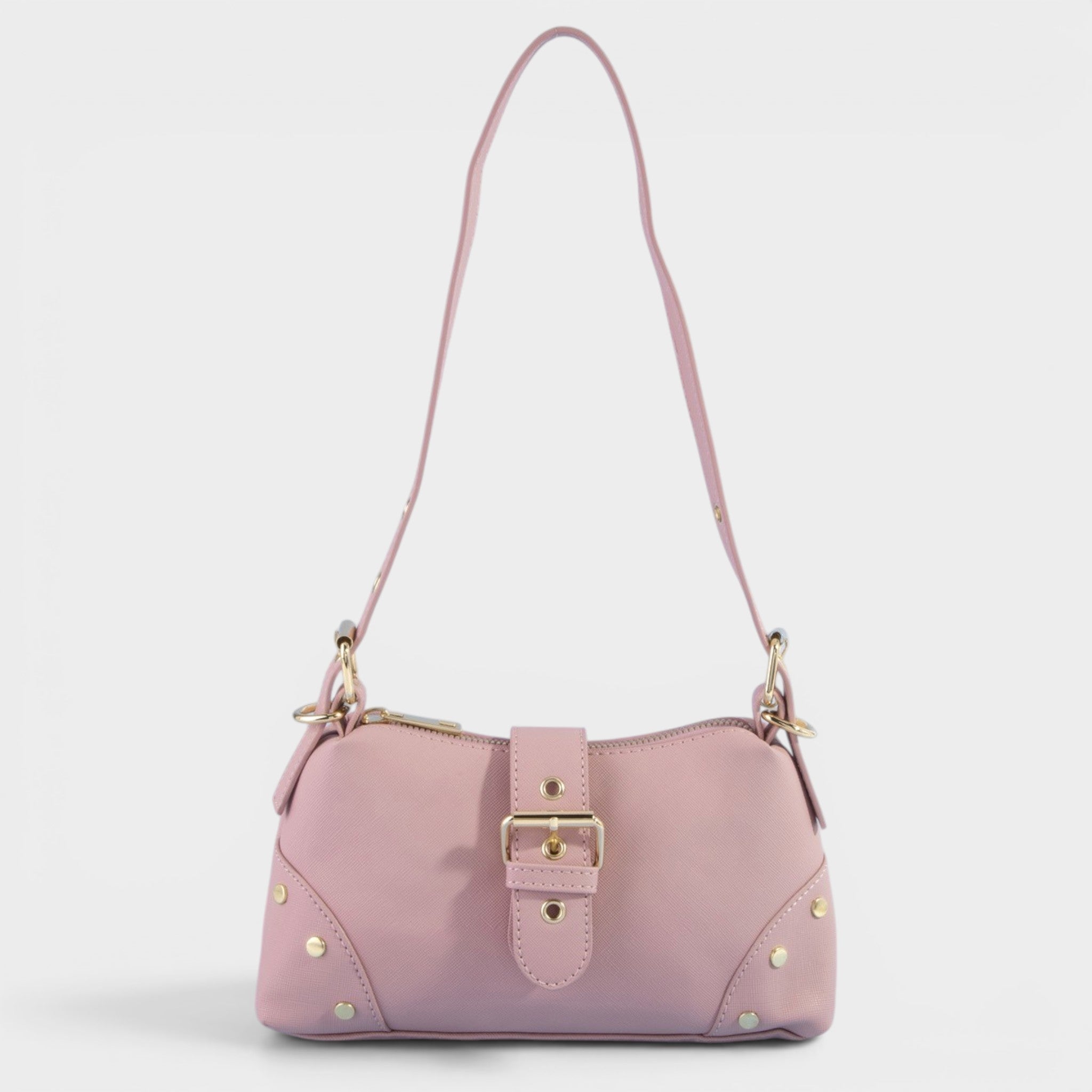 Pink handbag with a strap on a light gray background