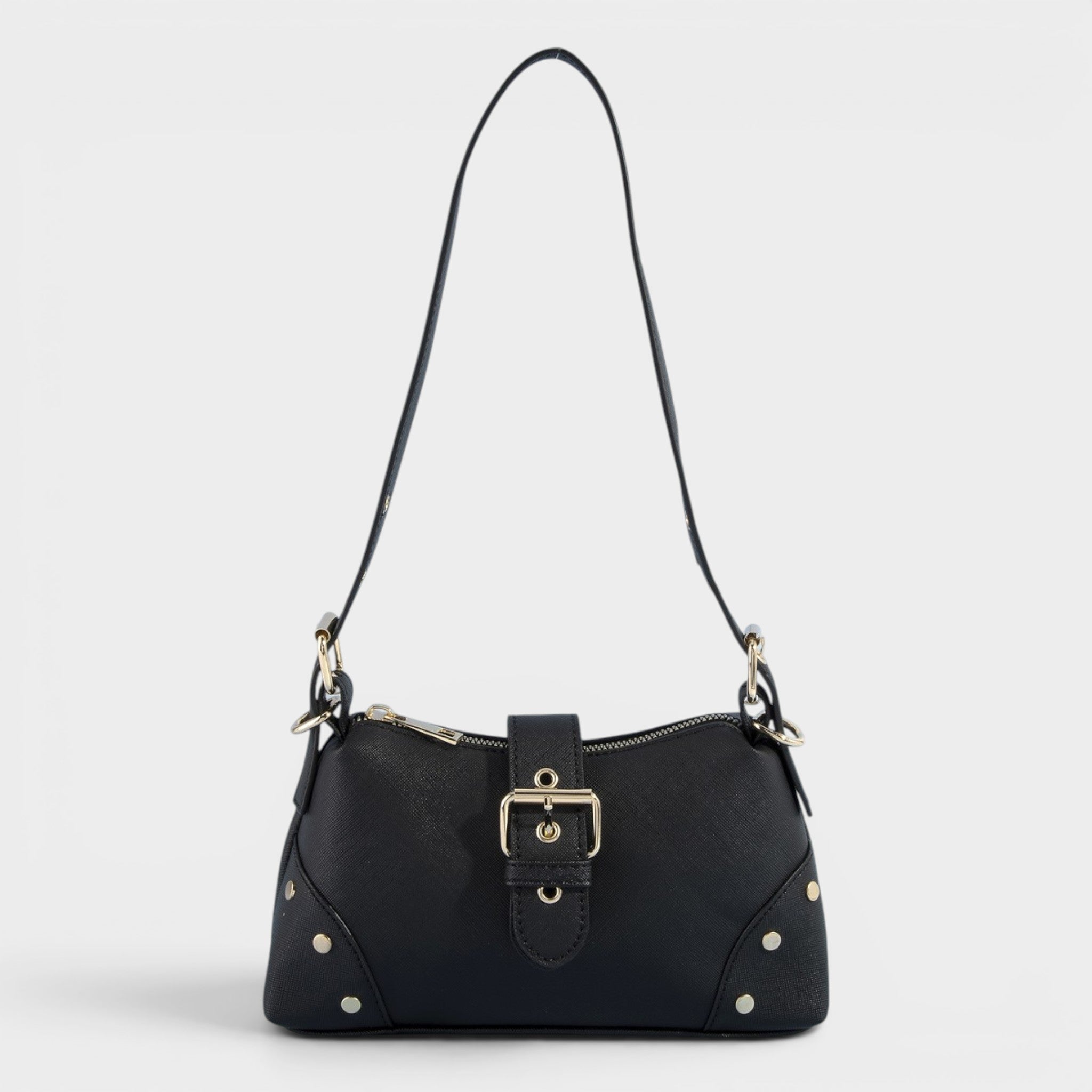 Black handbag with gold accents on a white background