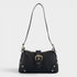 Black handbag with gold accents on a white background