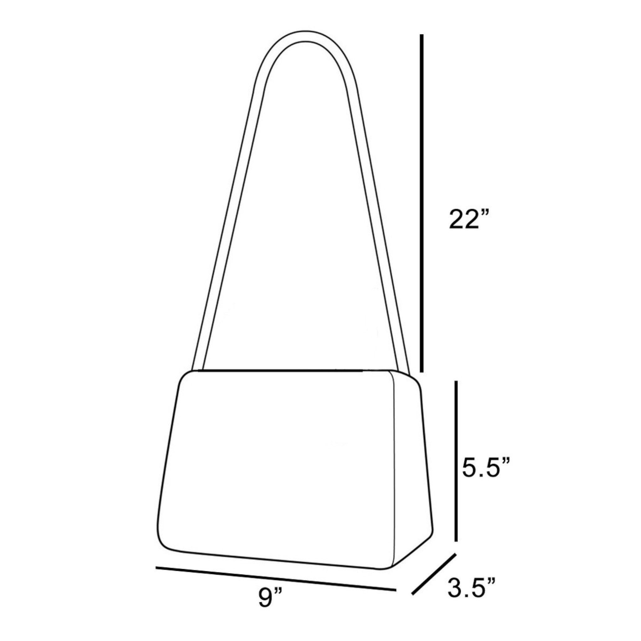 Line drawing of a handbag with dimensions labeled