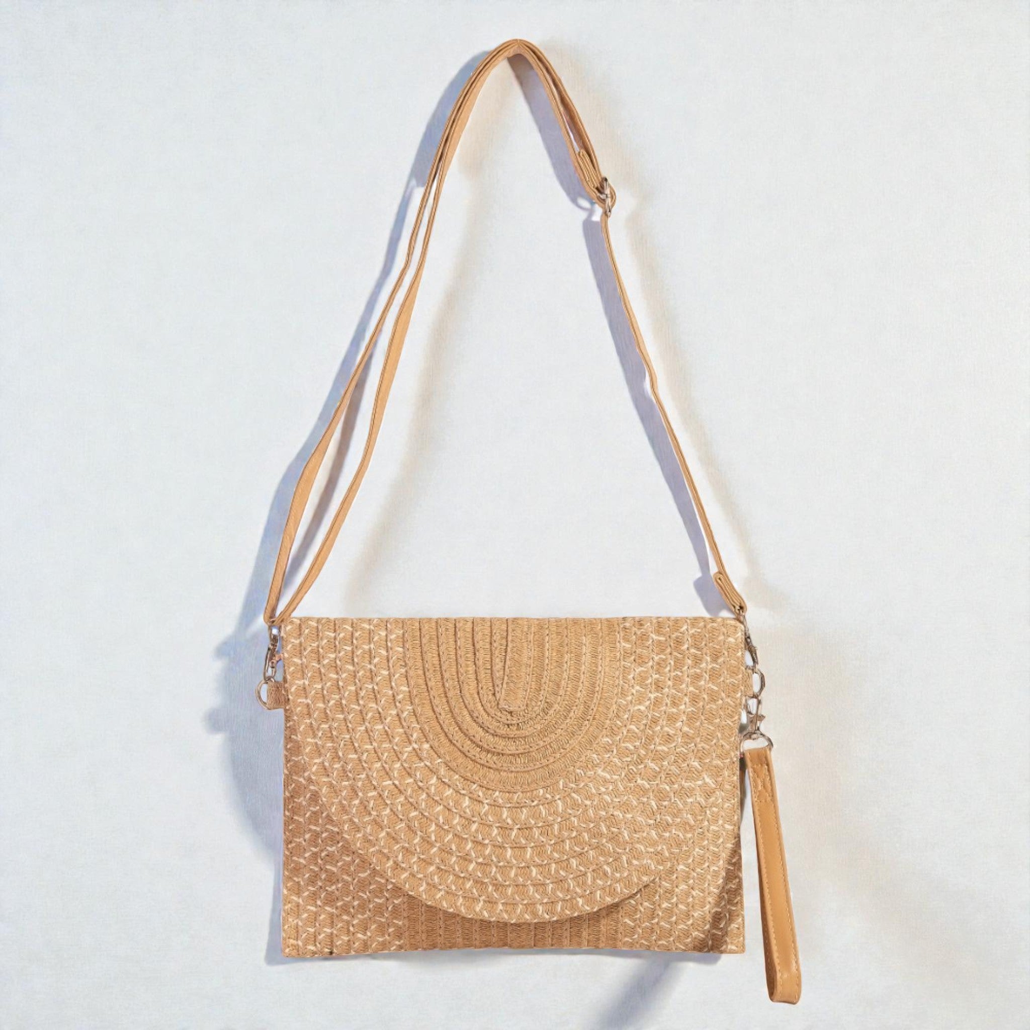 Tan Woven Straw Crossbody Clutch Bag