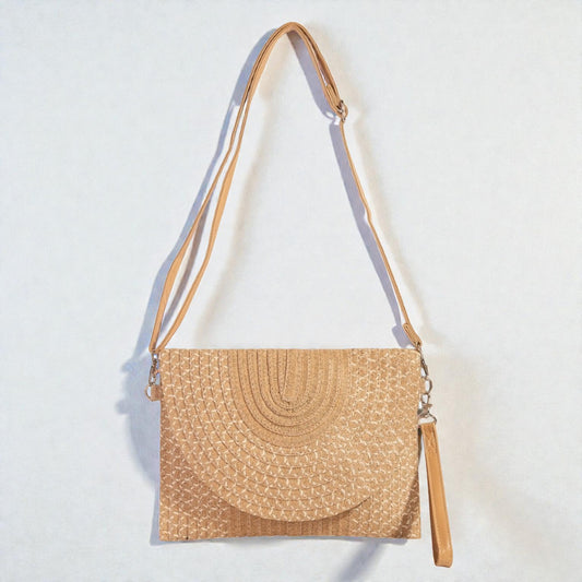 Tan Woven Straw Crossbody Clutch Bag