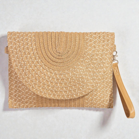 Tan Woven Straw Crossbody Clutch Bag