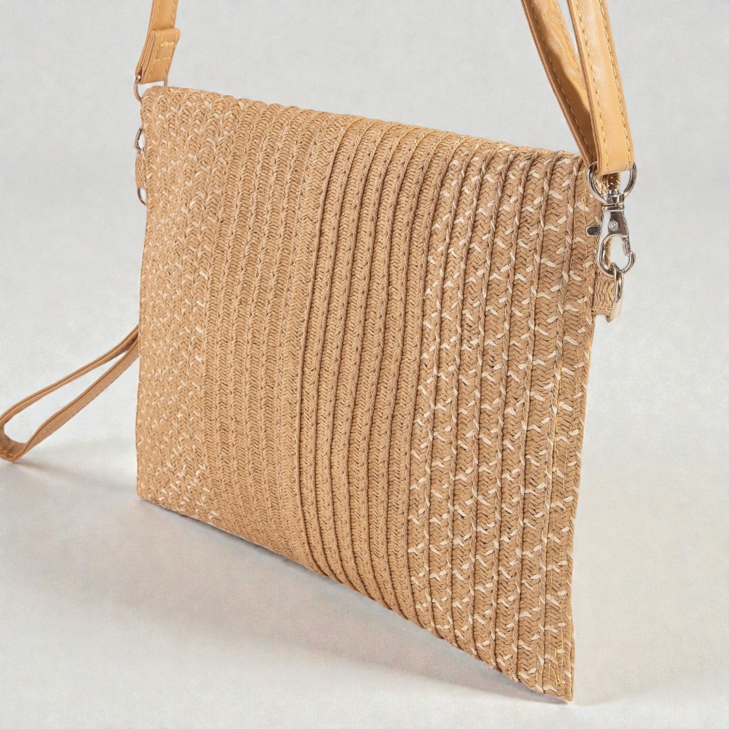 Tan Woven Straw Crossbody Clutch Bag
