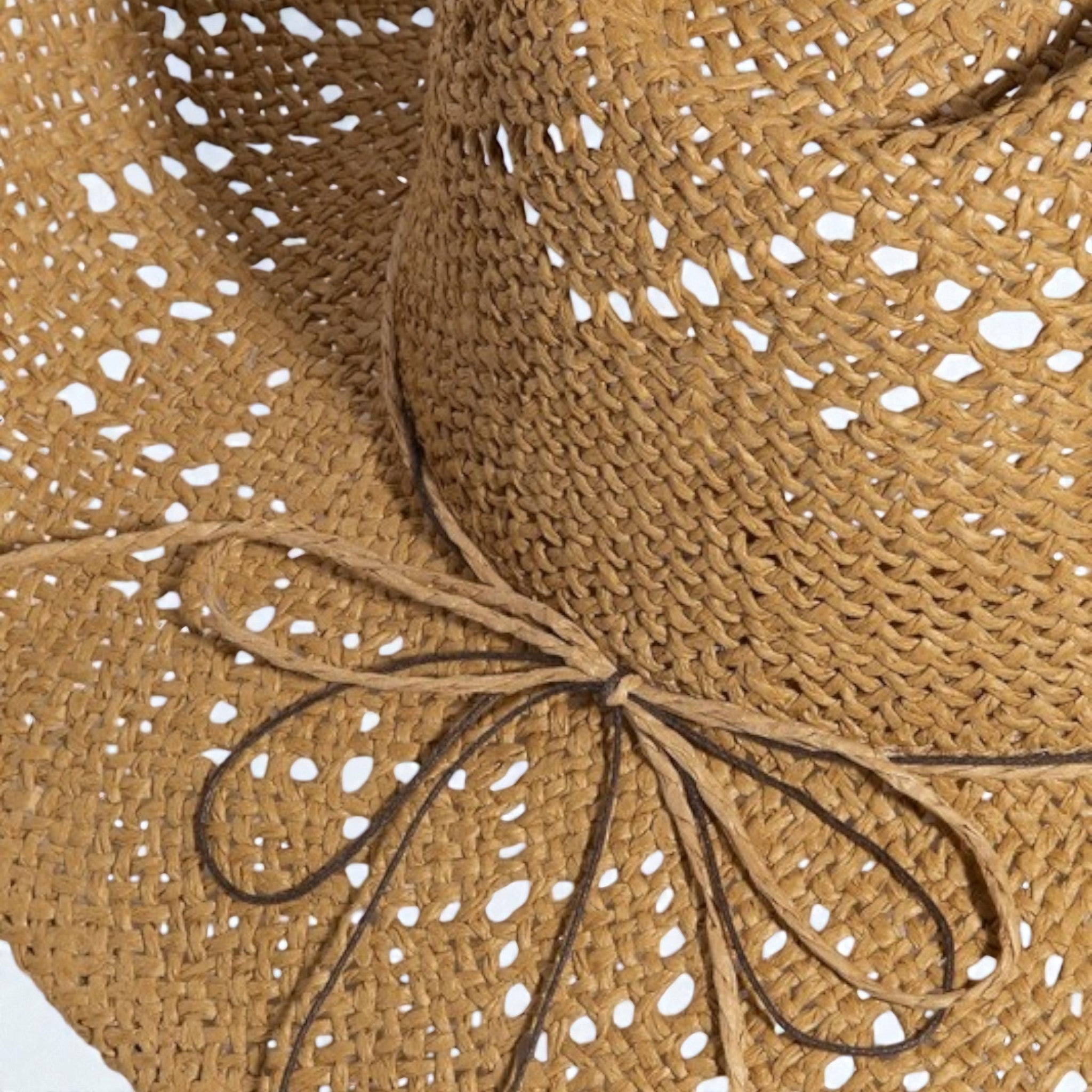 Close-up of a woven straw hat with cut-out patterns