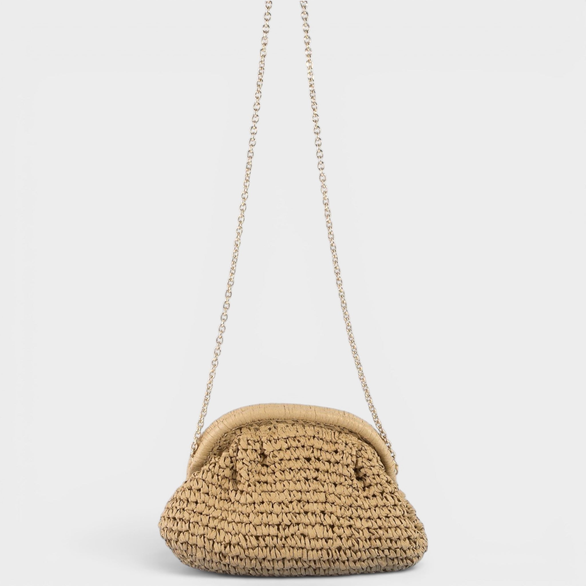Beige woven handbag with a chain strap on a light gray background