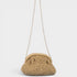 Beige woven handbag with a chain strap on a light gray background