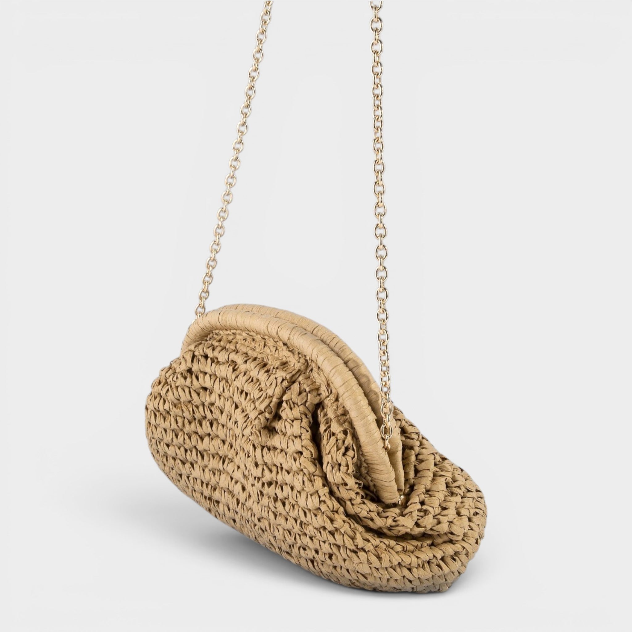 Beige woven handbag with a chain strap on a light gray background