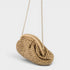 Beige woven handbag with a chain strap on a light gray background