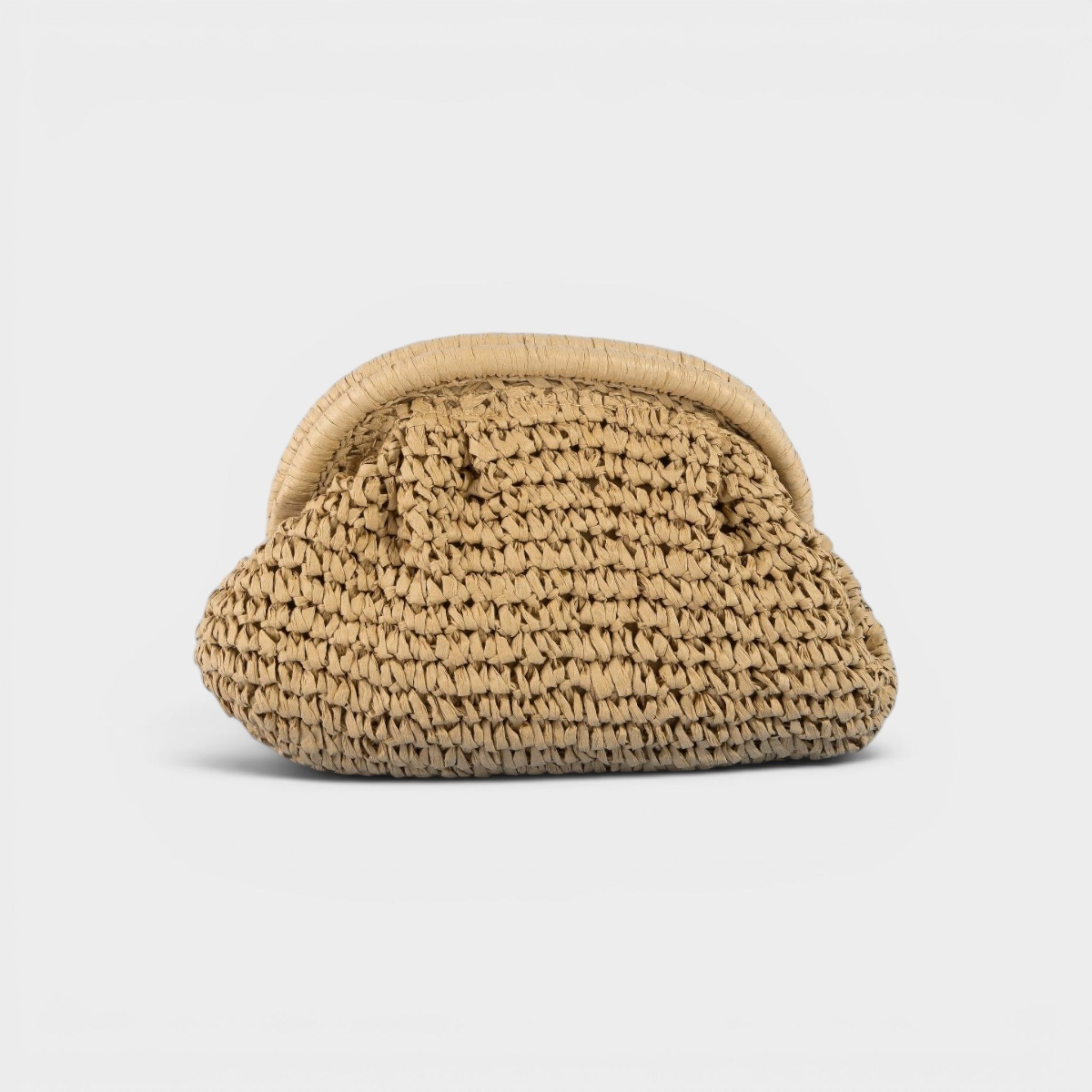 Beige woven clutch bag on a light gray background