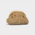 Beige woven clutch bag on a light gray background