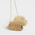 Beige woven handbag with a chain strap on a light gray background