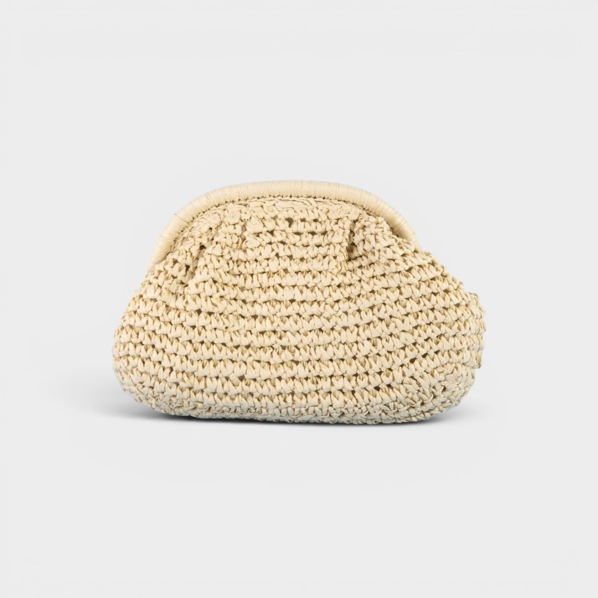 Beige woven pouch on a light gray background