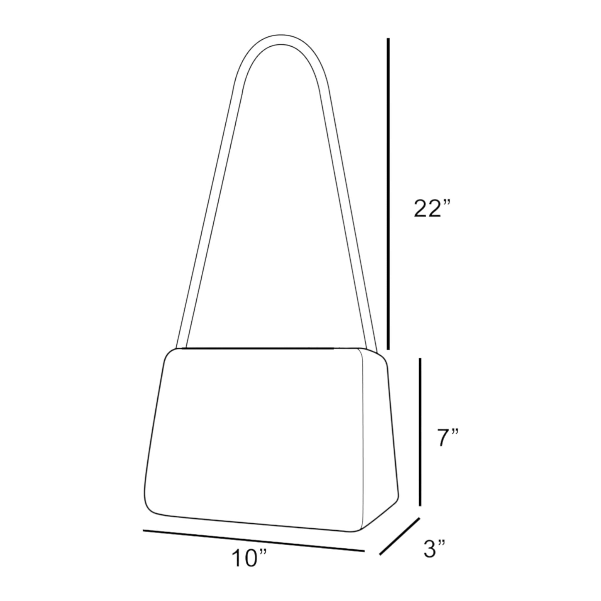 Line drawing of a handbag with dimensions labeled