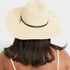 Beige straw hat worn by a person on a plain background