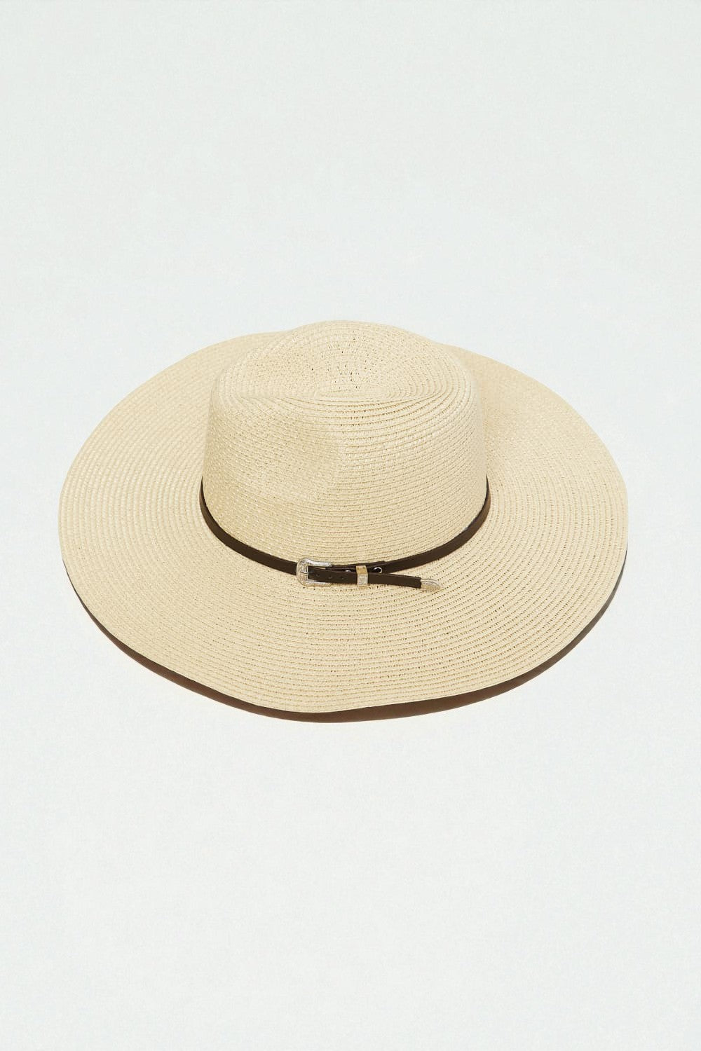 Beige Wide Brim Straw Hat with Brown Strap