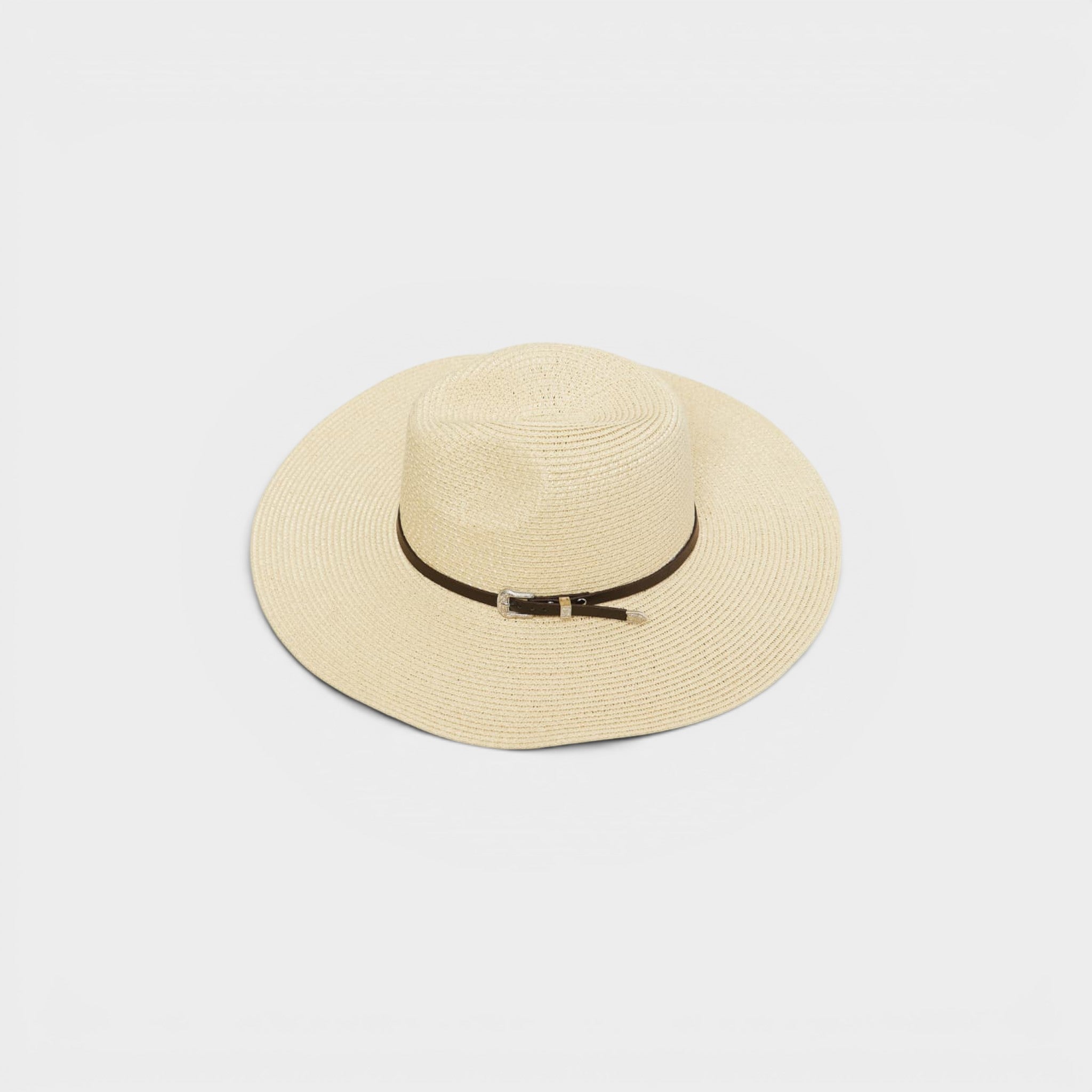 Beige straw hat with a black band on a light gray background