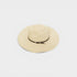 Beige straw hat with a black band on a light gray background