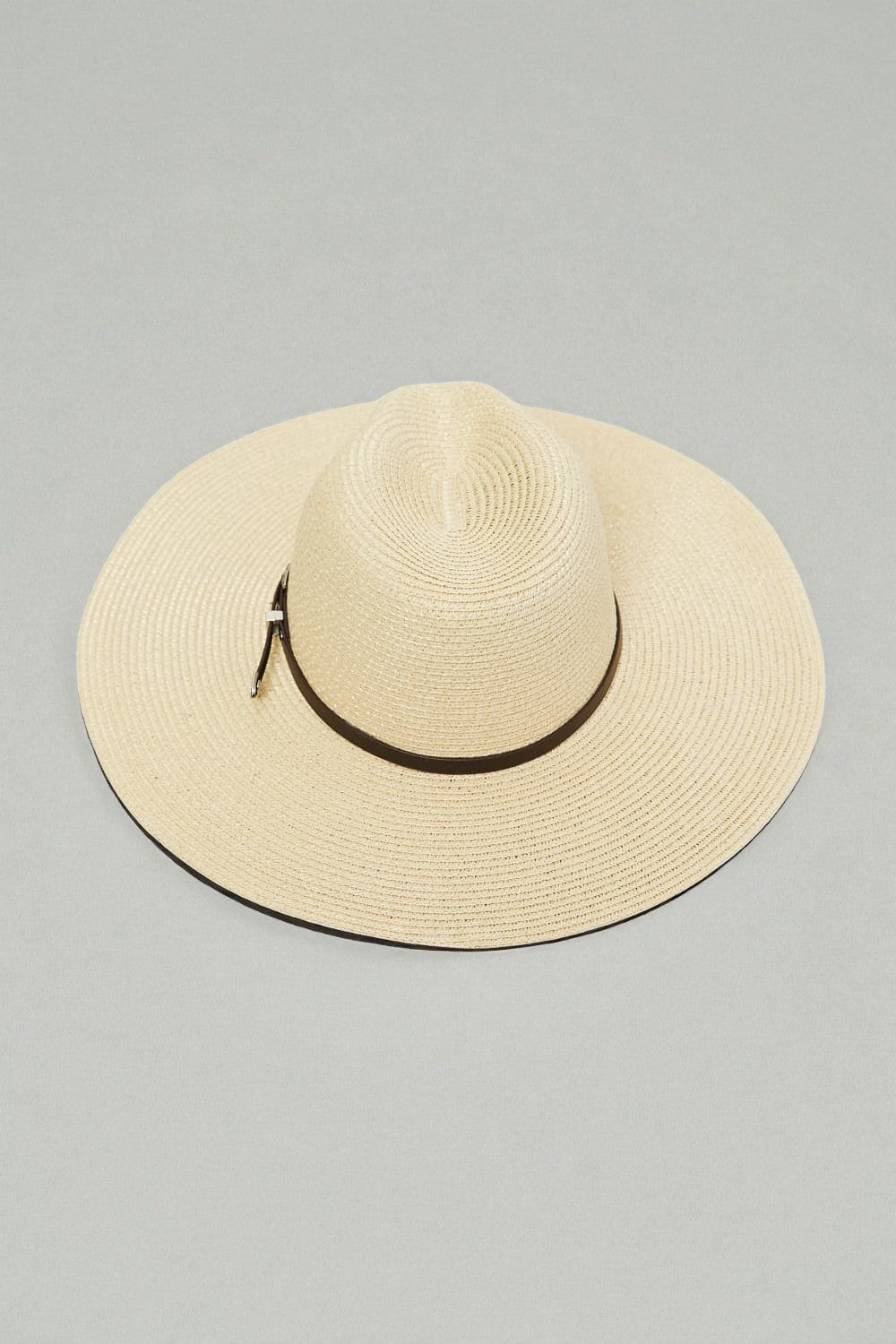 Beige Wide Brim Straw Hat with Brown Strap
