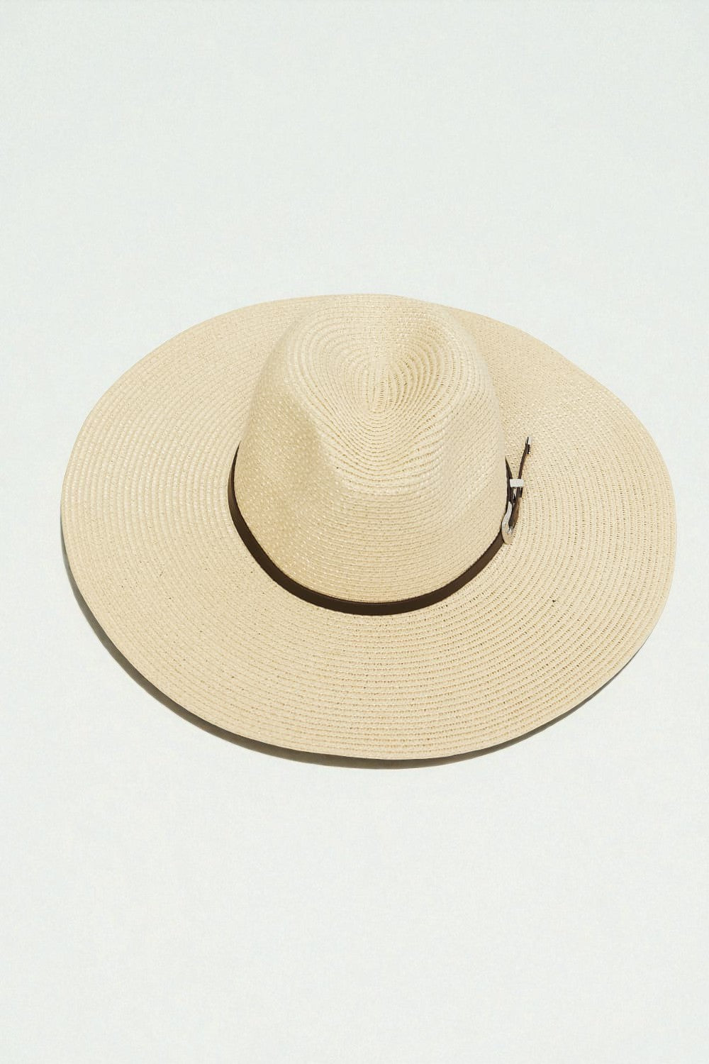 Beige Wide Brim Straw Hat with Brown Strap