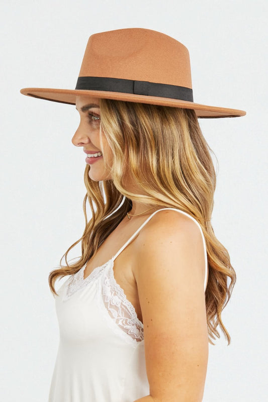 Camel Wide Brim Fedora Hat with Black Band