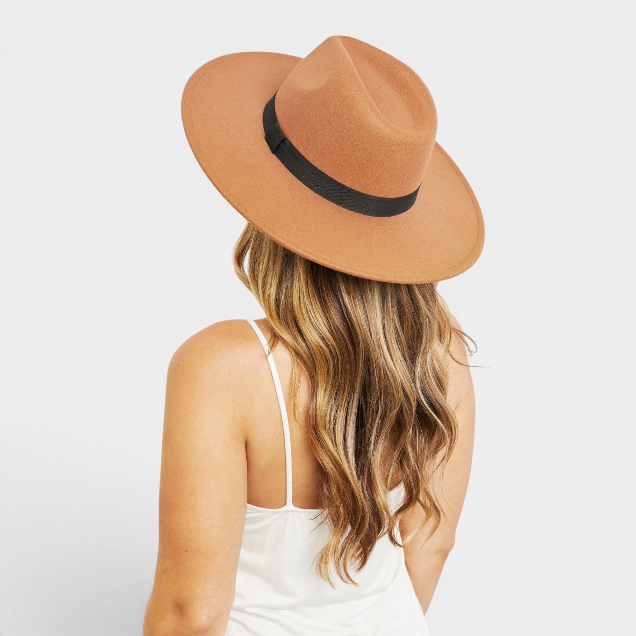 Person wearing a brown hat with a black band on a white background