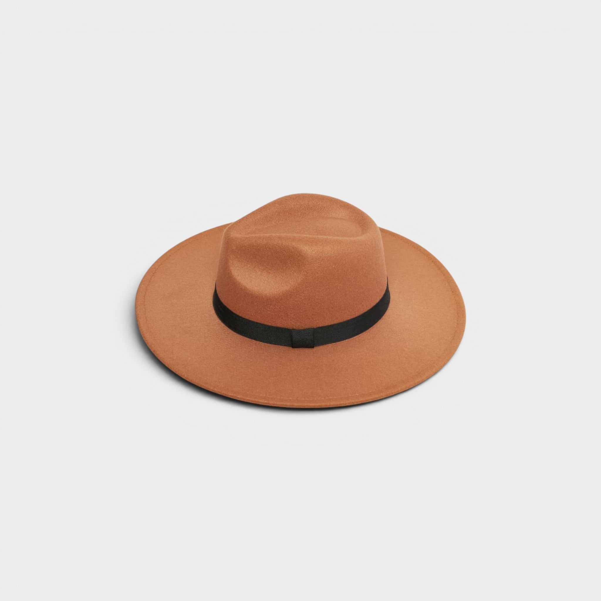 Brown hat with a black band on a light gray background