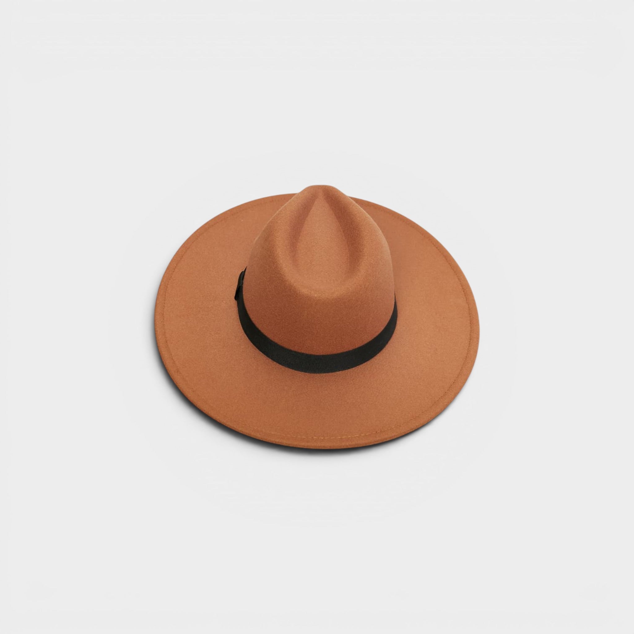 Brown fedora hat with a black band on a light gray background