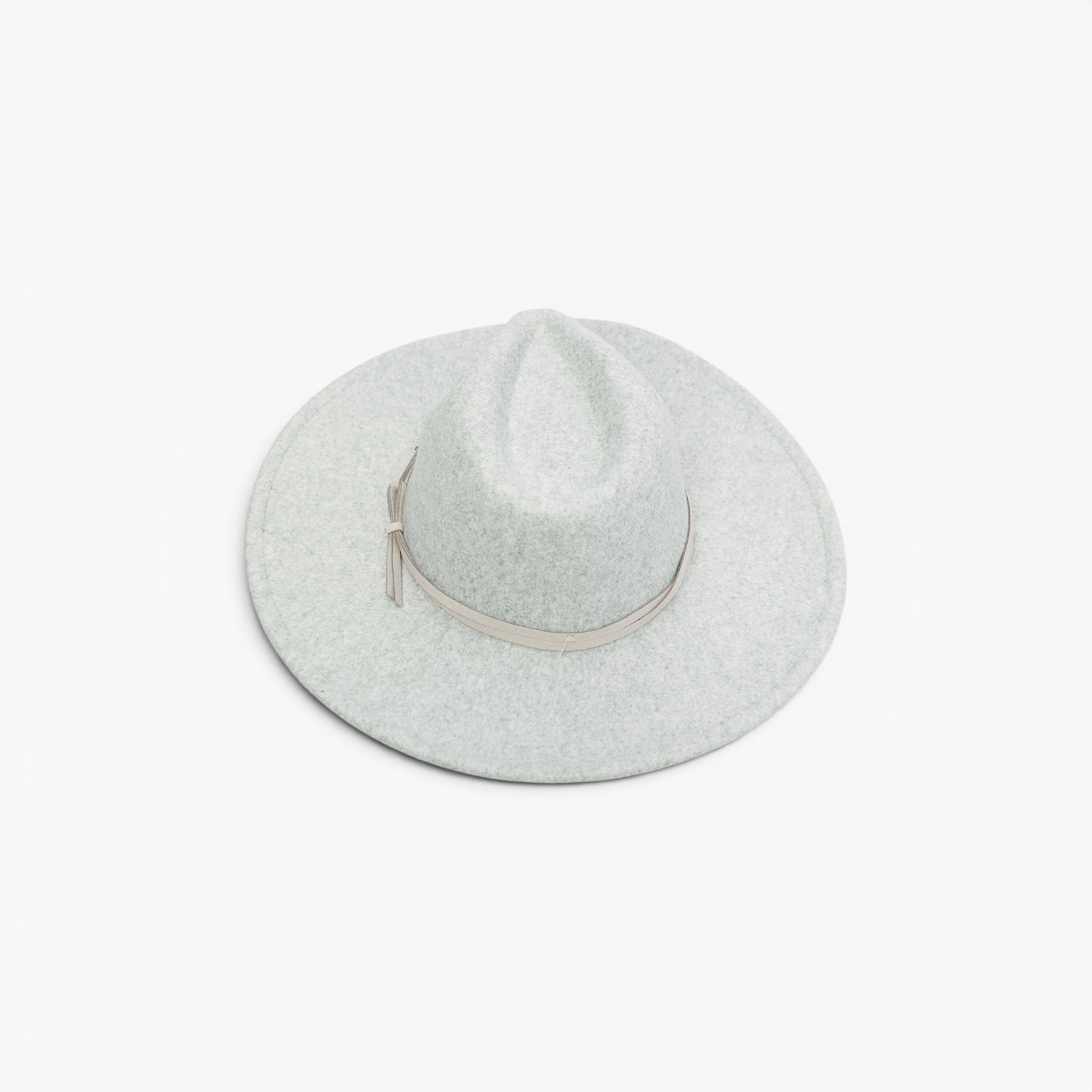 A light gray felt wide-brim hat with a matching gray band and small bow detail, photographed from a top-down angle on a white background.