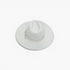 A light gray felt wide-brim hat with a matching gray band and small bow detail, photographed from a top-down angle on a white background.