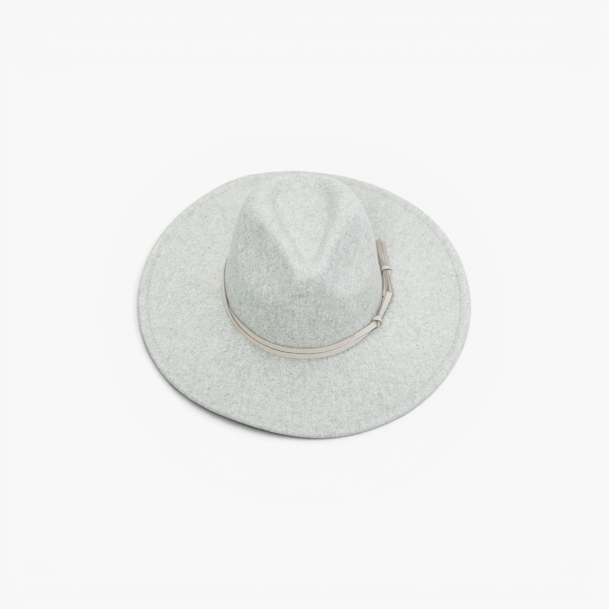 A light gray felt wide-brim hat with a matching gray band and small silver buckle, photographed from a top-down view on a white background.