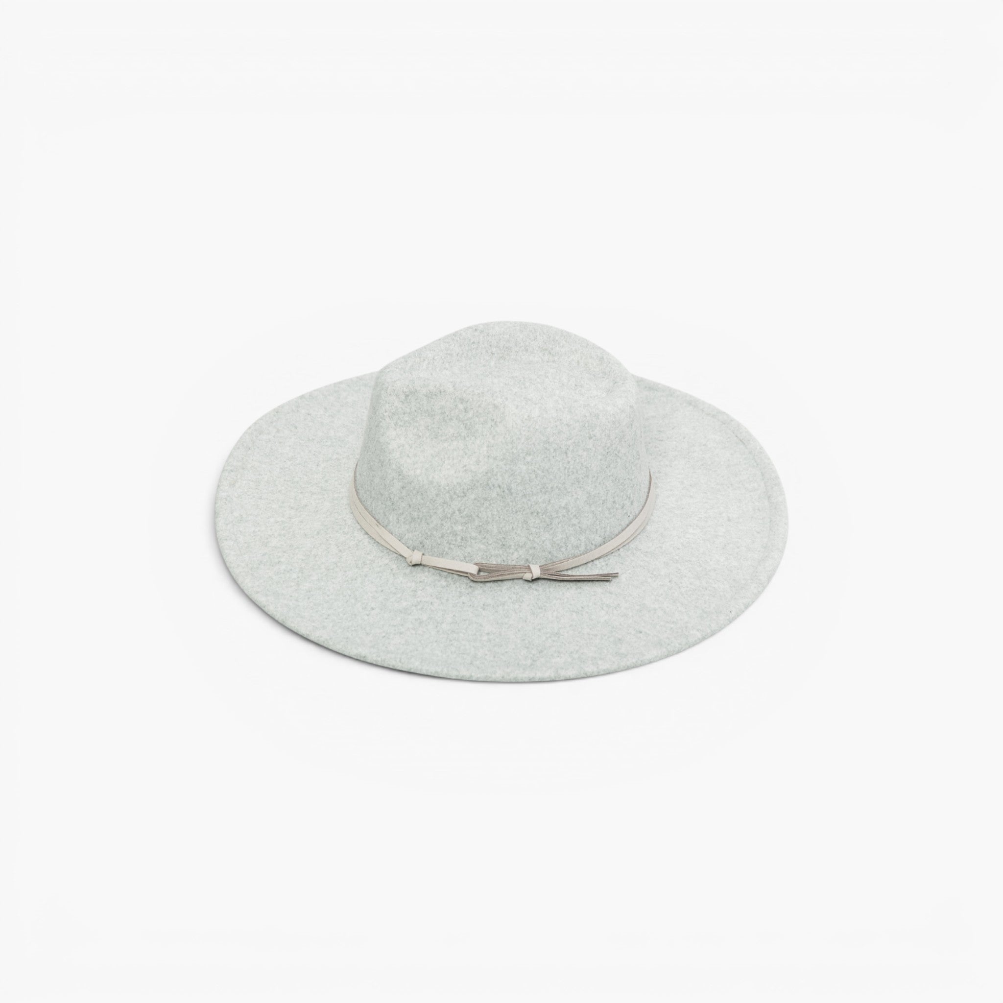 A light gray felt wide-brim hat with a thin silver bow detail on the band, shown against a plain white background.
