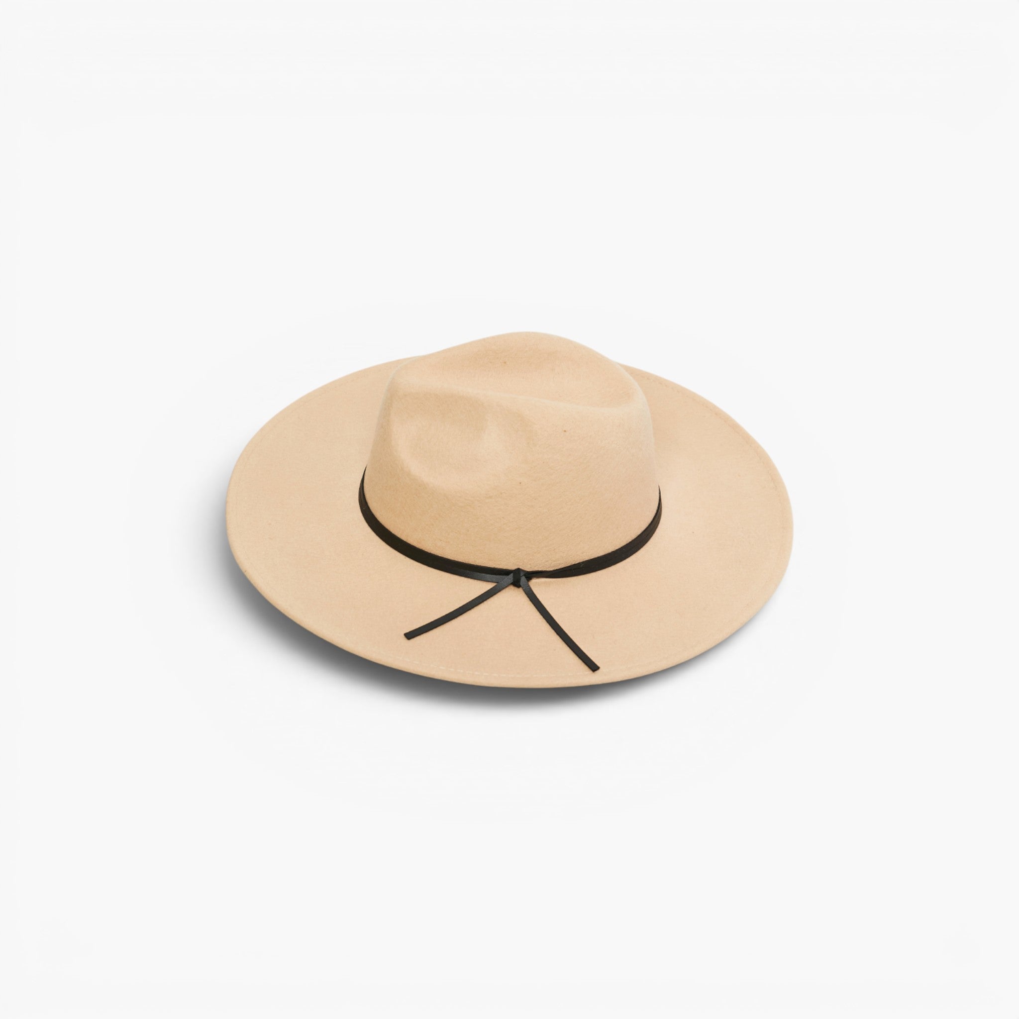 A light beige wide-brim fedora hat with a black ribbon band tied in a bow at the front, shown on a clean white background.