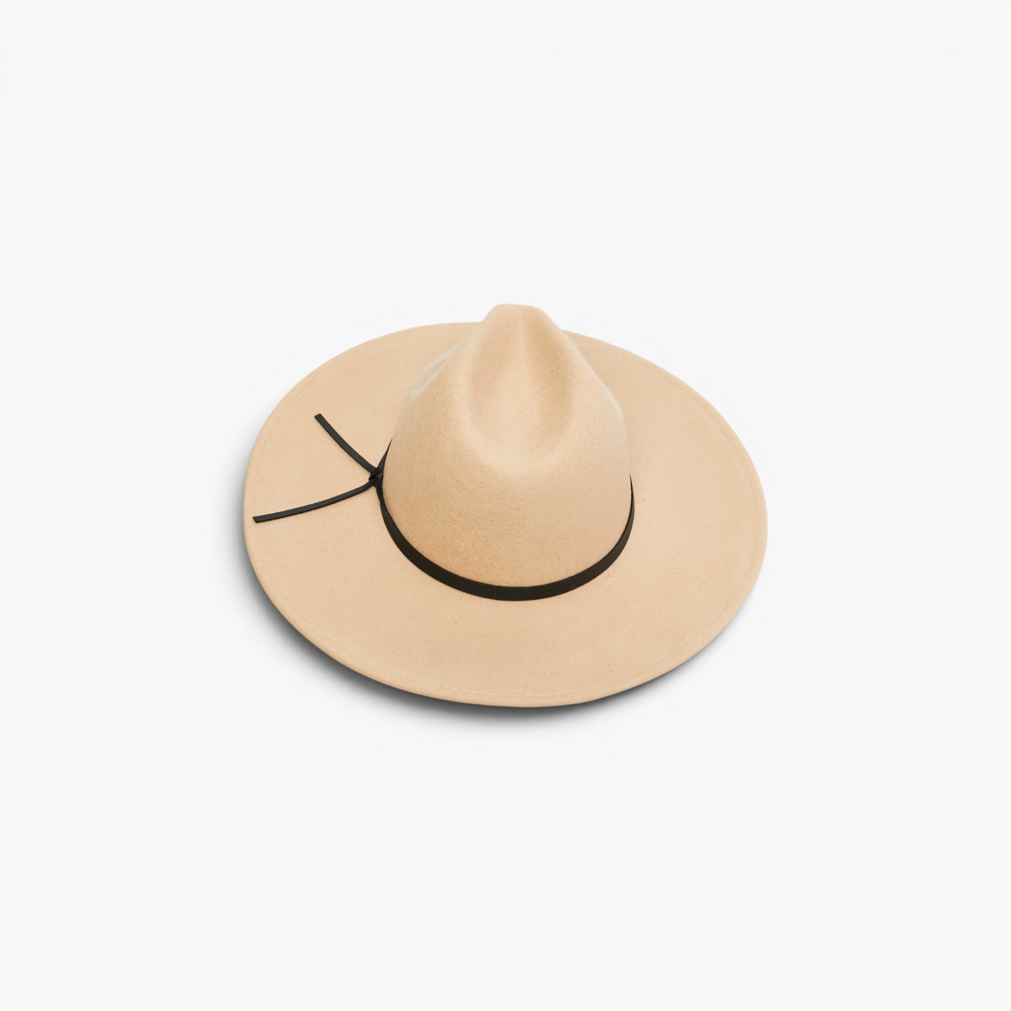 A light beige wide-brim fedora hat with a black band and tie detail, photographed from a top-down angle on a clean white background.