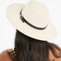 A woman viewed from the back wearing a cream-colored fedora hat with a black band and a small gold triangular buckle, against a plain white background.