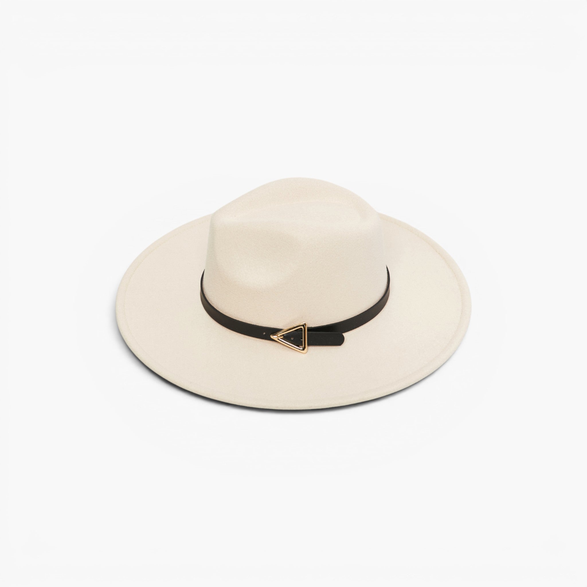 An off-white fedora hat with a black band and a small gold triangular buckle, photographed on a clean white background.