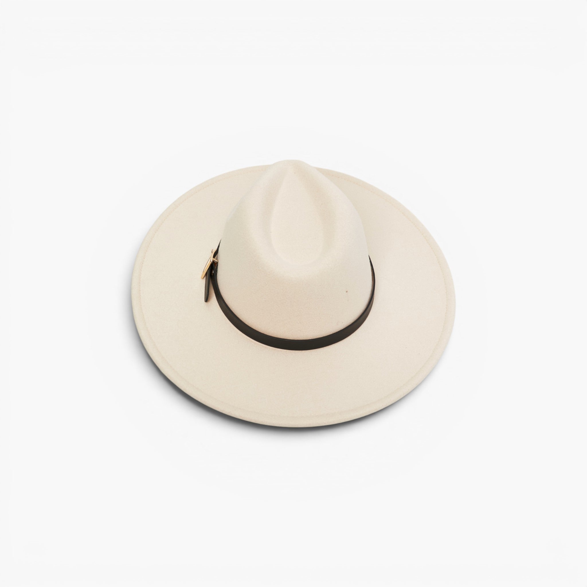 An off-white fedora hat with a black band around the crown, photographed from a top-down angle on a clean white background.