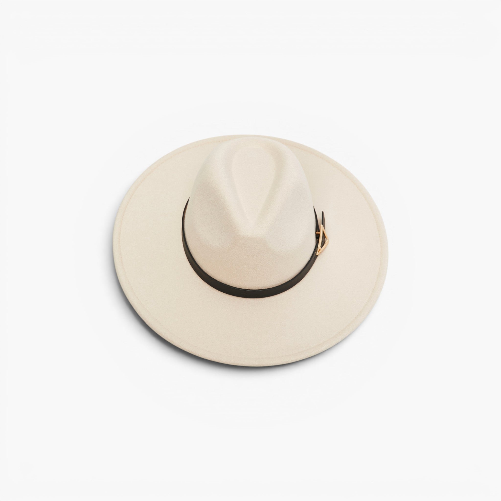 A light beige wide-brim fedora hat with a black band and a small gold buckle, photographed from a top-down angle on a white background.