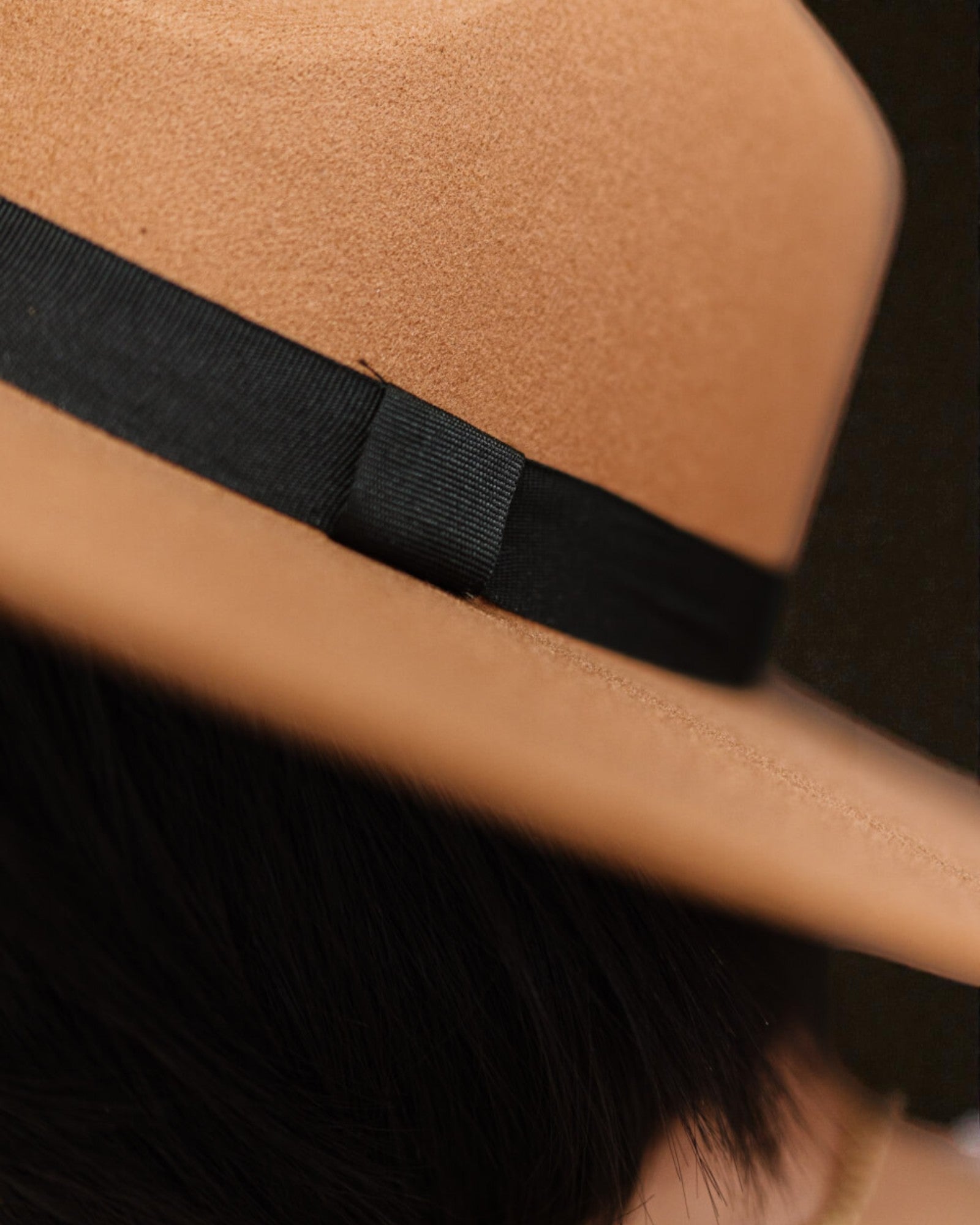 Close-up of a brown hat with a black band on a blurred background
