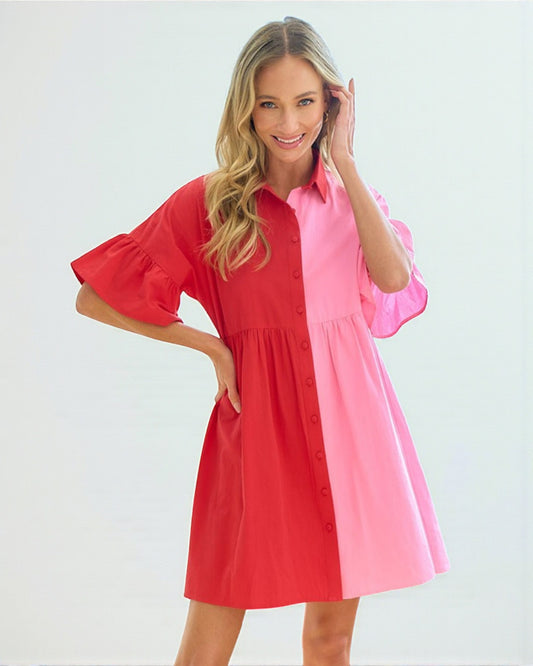 Woman wearing a red and pink dress on a white background