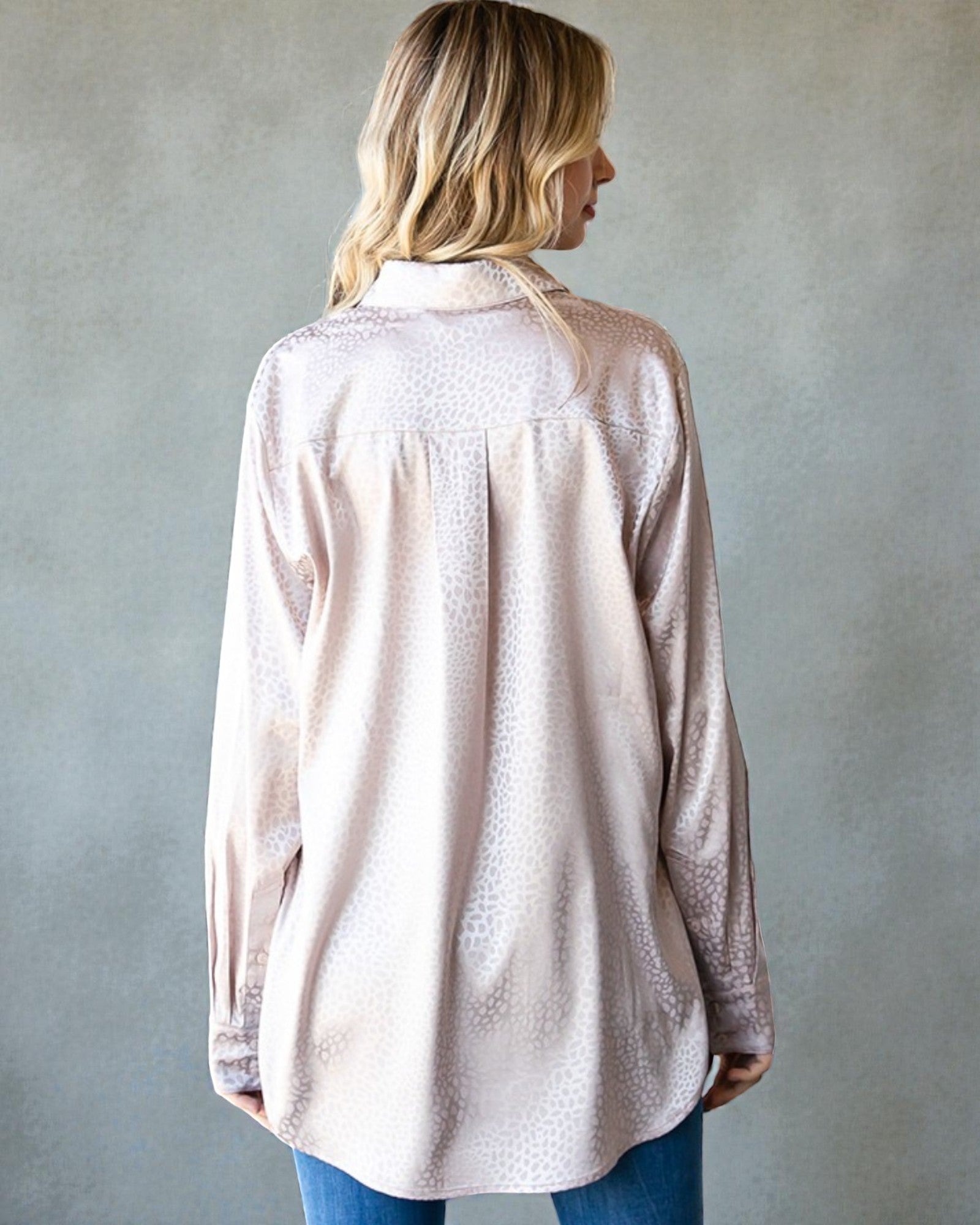 Blush Satin Animal Print Button Down